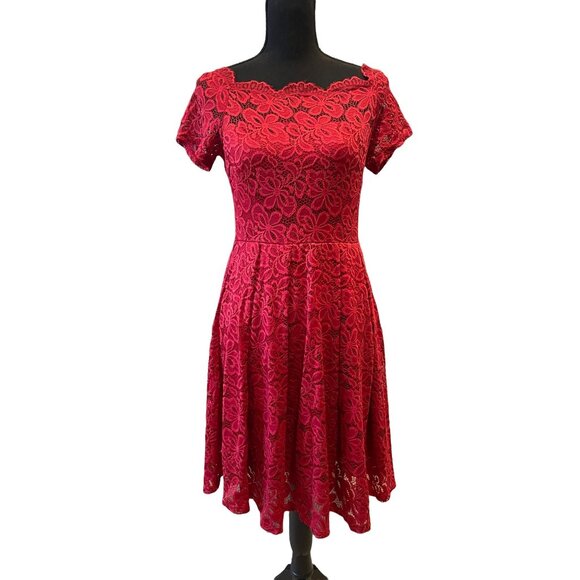 Elegant Floral red Lace Dress Size 4/6 (Small) 40's 50's pinup retro pleated zip - Picture 1 of 8